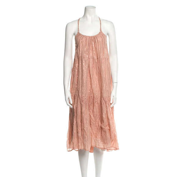 Ulla Johnson S Samara Cotton Low Back Tent Midi Dress Metallic Stripe Peach Pink - Picture 4 of 10